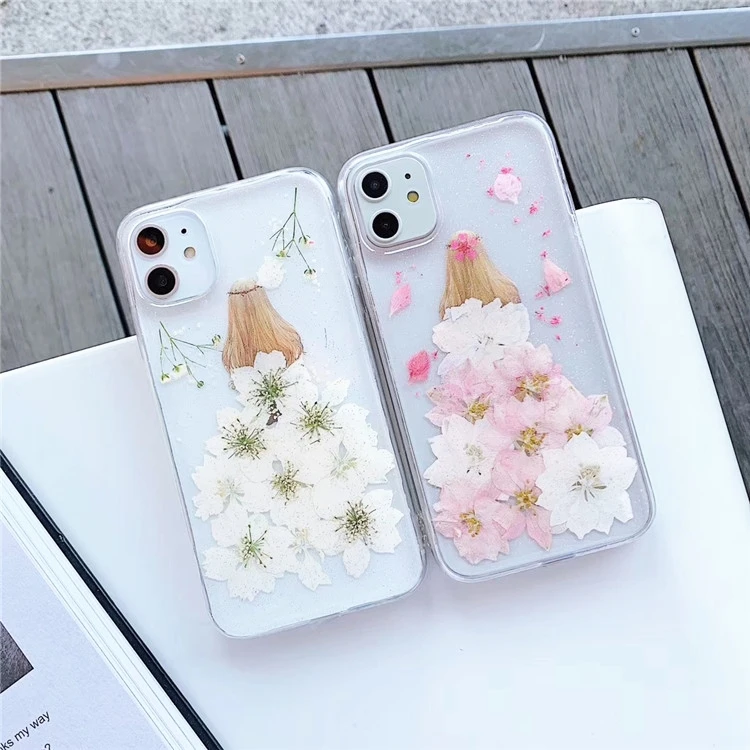 

Free Shipping Girl Flower Hair Mobile Cover for iPhone 12 Case 11 Pro Max Mini X XR XS Dry Flower Cell Phone Case