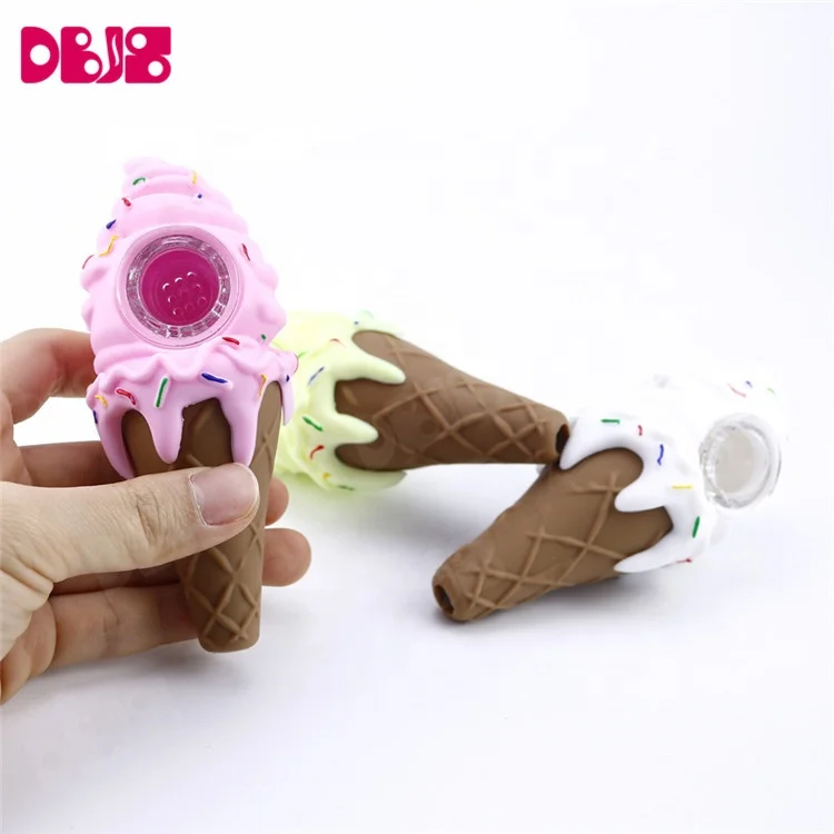 

Ice Cream Cute Silicone Pipe Smoking with Bowl Glass Water Oil Rig Dabs Pipe for tobacco or herb, Yellow or pink or white