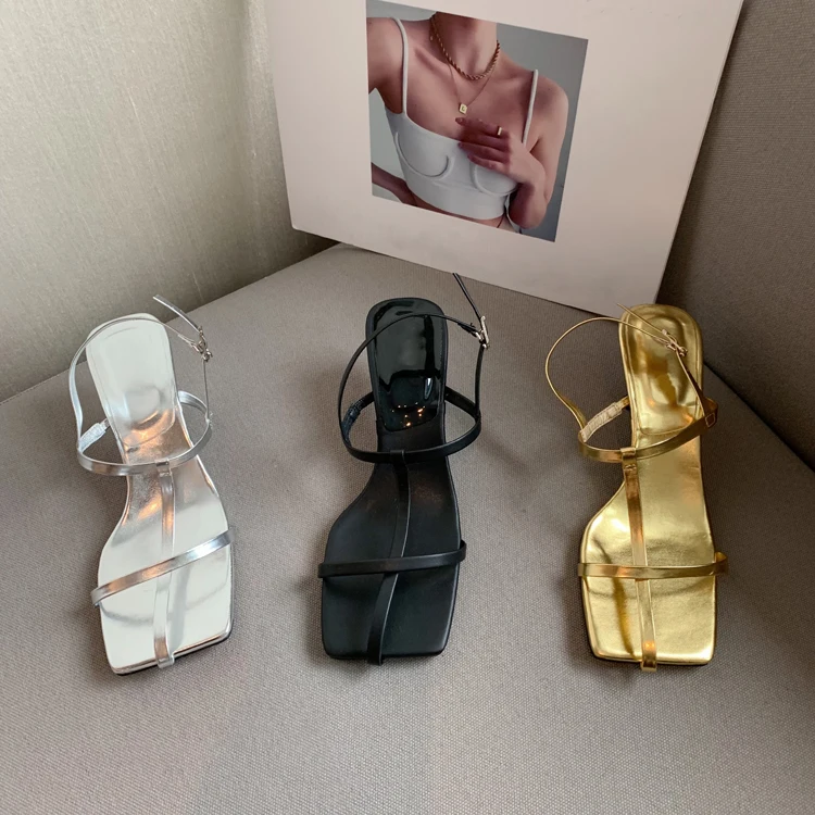 

Summer Square Toe Women Sandals Designer Shallow Narrow Band Back Buckle Strap Gold Ladies Sandalias Mujer