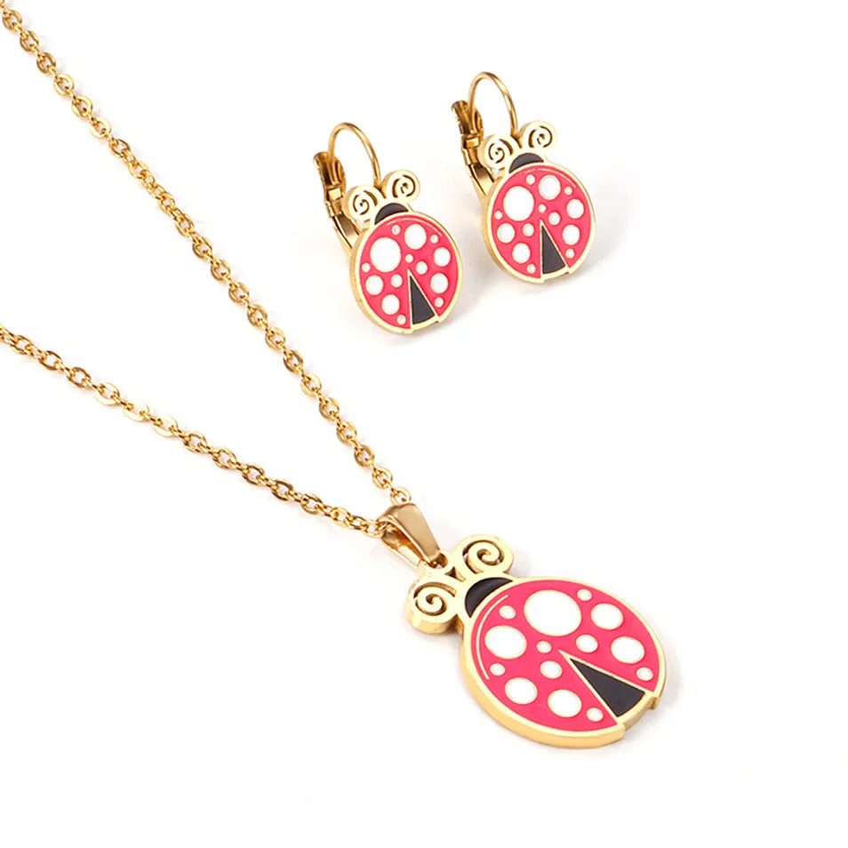 

Nickel Free Stainless Steel Children Cartoon Enamel Ladybug Necklace Jewelry Set, Gold/silver available