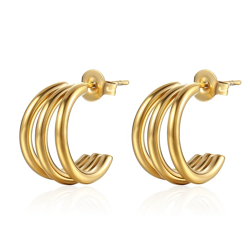 

Wholesale Custom Fashion Circle Small Ear rings Stainless Steel Jewelry 18K Gold Plated Three Wire Triple Hoop Earrings, As picture