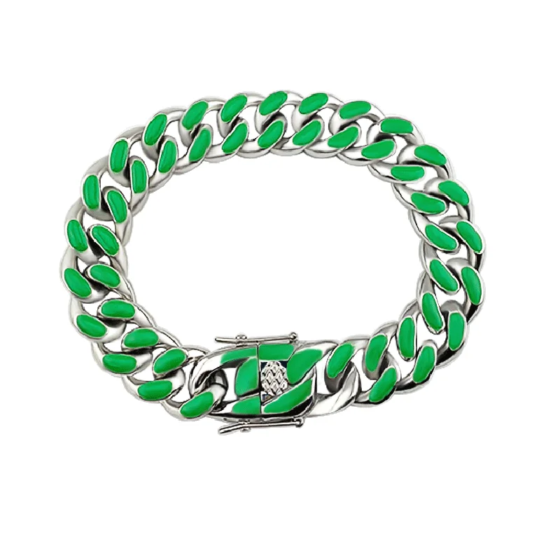 

Blues RTS Stainless Steel Multi Colored Rainbow green Color Enamel Miami Cuban Link Chain Braceket