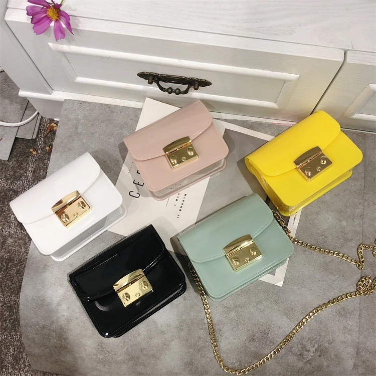 

2021 spring and summer new product jelly bag mini bag pvc handbag macaron coin purse women chain bag, White, cyan, yellow, black, apricot