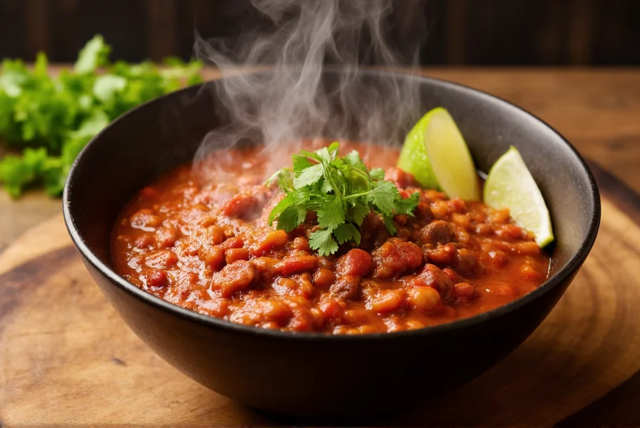 Bowl of rich red chili with steam rising, garnished with fresh cilantro and lime wedges on wooden table