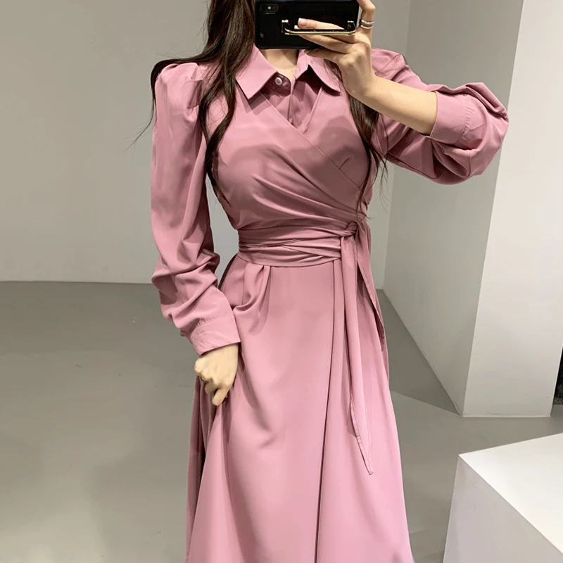 Wholesale 2026 Korean Chic Early Autumn French Elegant Lapel Cross Design Sense Straps Waist-over-knee Long-sleeved Dress