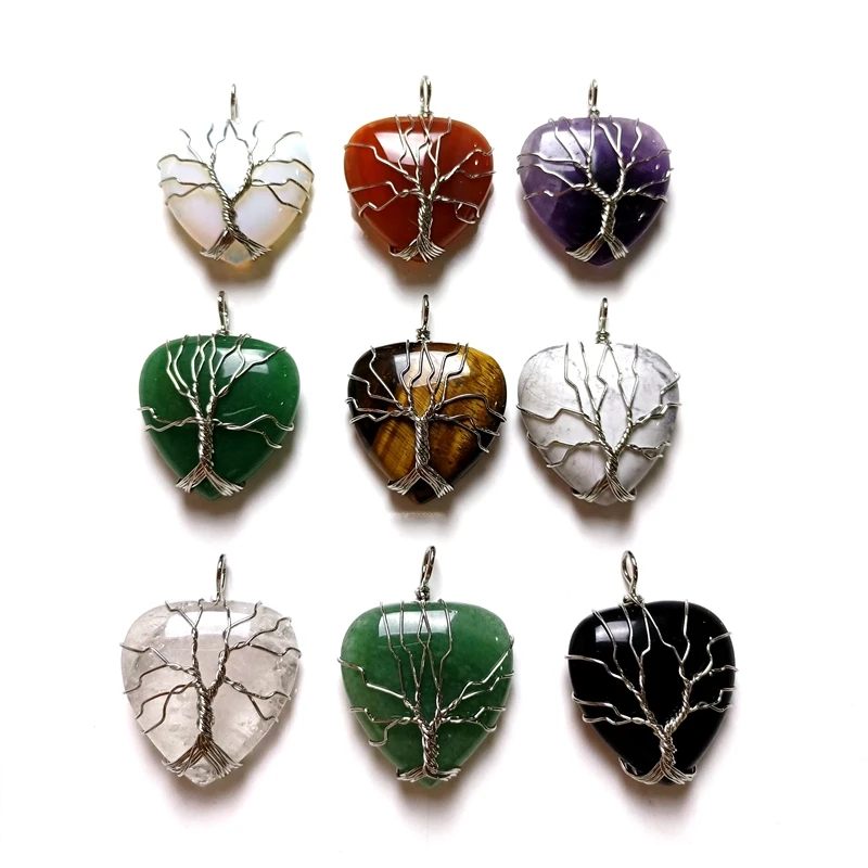 

Wholesale New Tree of Life Wire Wrapped Natural Stone Love Heart Amethyst Pink Quartz Charms Pendant Jewelry For Women, Multi quartz pendant