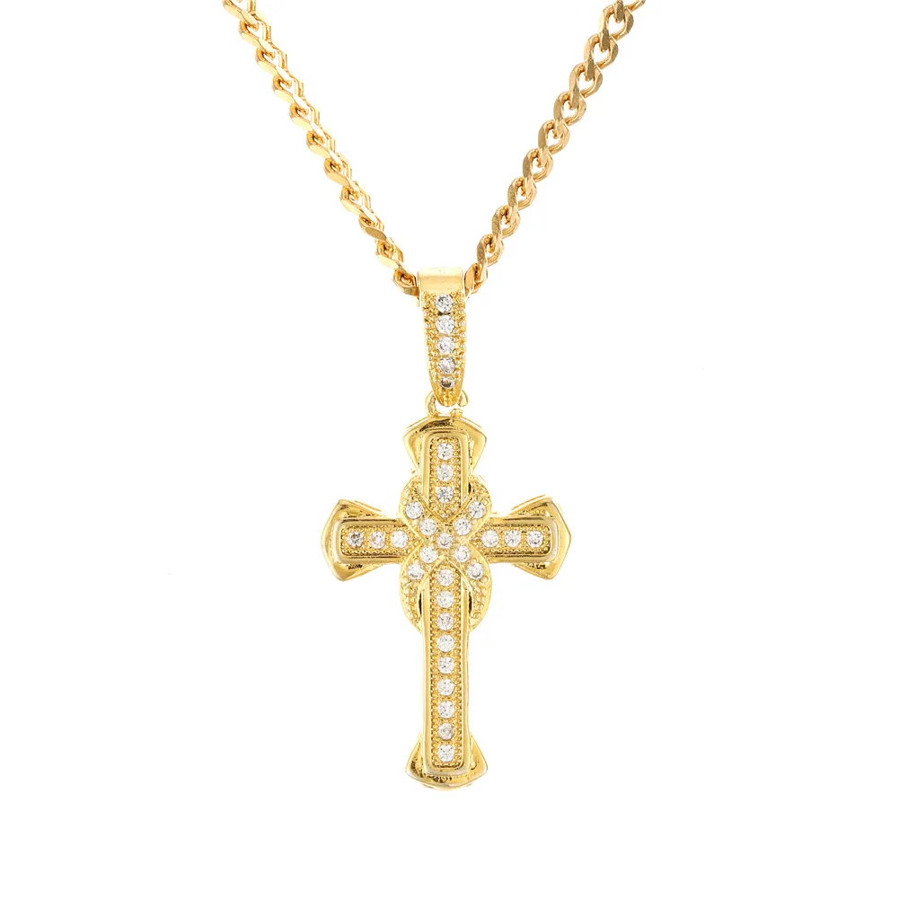 

New Hip Hop Men's Copper Inlaid Zircon Pendant Individuality High Quality Cross Necklace Trendy Unisex Rapper Jewelry Accessory, Gold silver