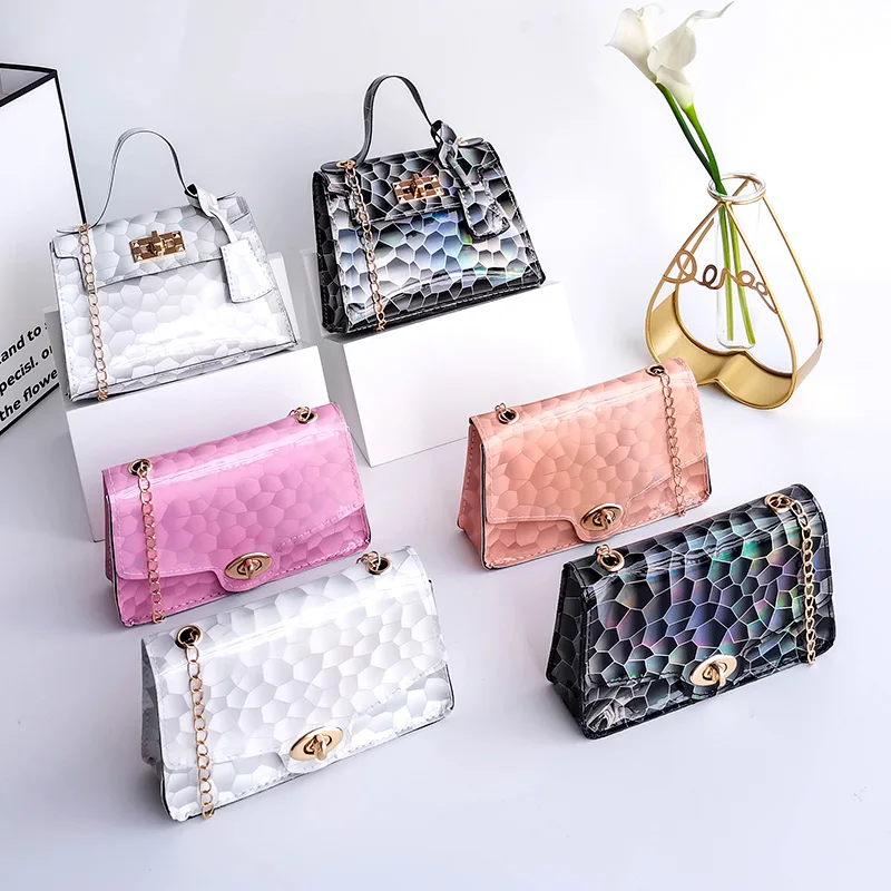 

new design cheap women laser gradient snake leather pattern square mini bags dinner travel small ladies colorful chain handbags