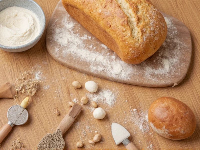 Essential bread baking tools on wooden table