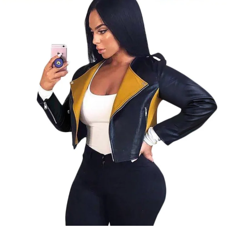

2021 New Turn Down Collar Splicing Zipper Pu Leather Jacket Fall Clothing For Women