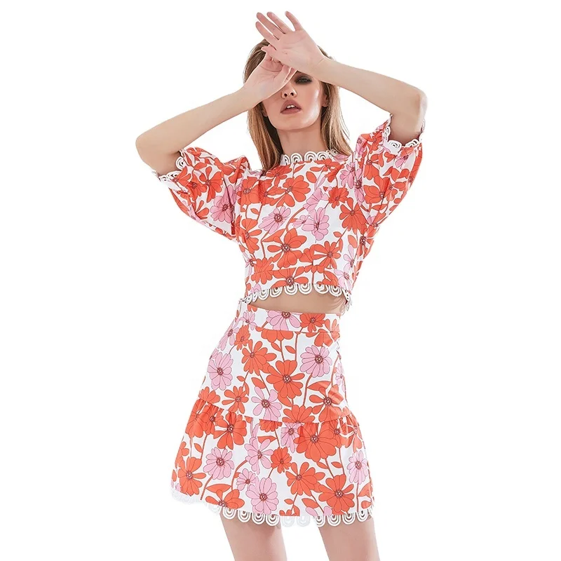 

TWOTWINSTYLE Puff Sleeve Tops High Waist Skirts Floral Print Lace Two Piece Set For Women