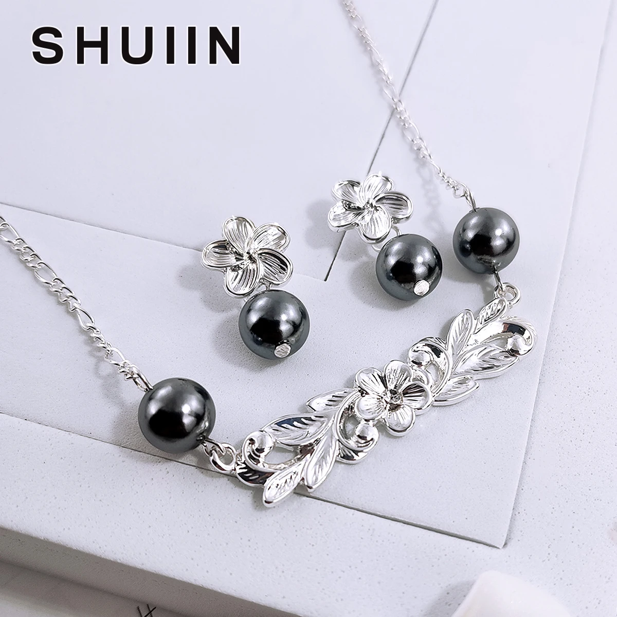 

SHUIIN Hawaiian silver jewelry plumeria flower earrings and maile bar necklace polynesian jewelry sets wholesale
