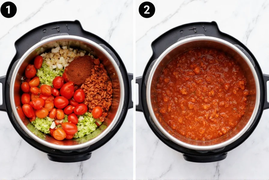 Step-by-step visual guide showing layering ingredients in Instant Pot for chili