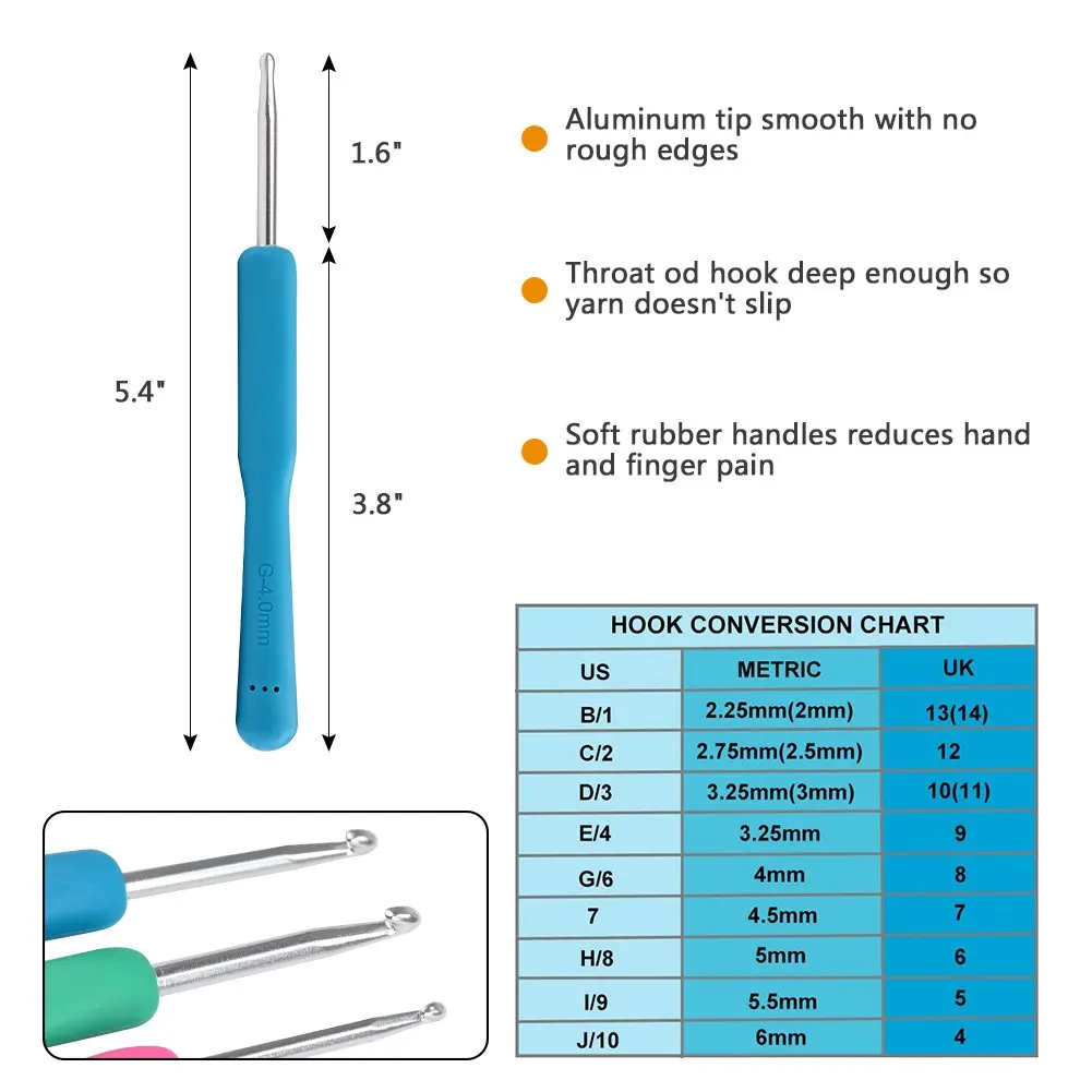 9x Crochet Hooks 2.0mm - 6.0mm Rubber Covered Handle Metal Crocheting Hooks  for Beginners Crochet Accessories for Knitter