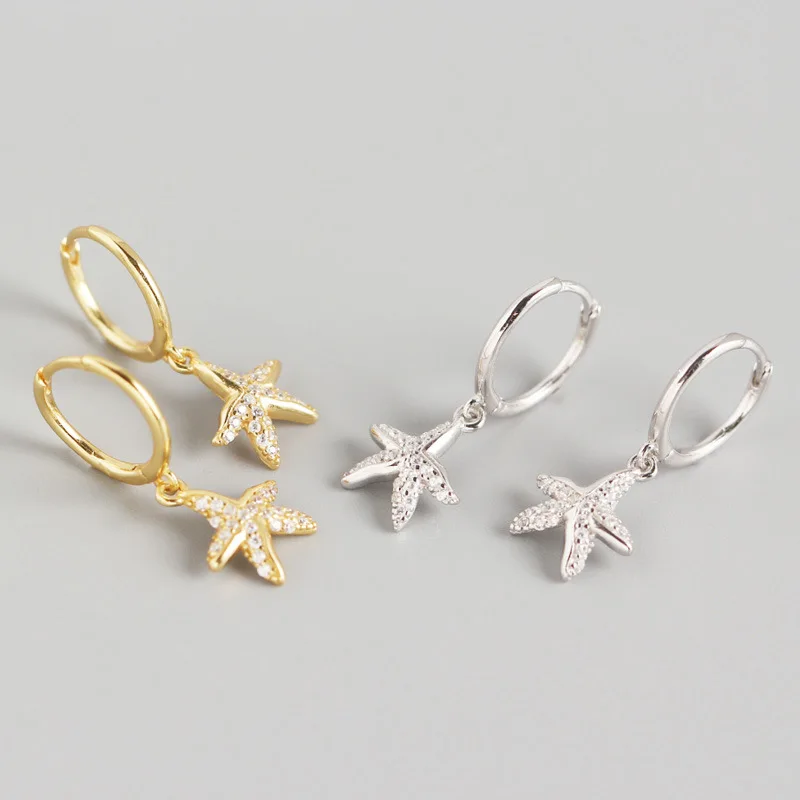 

Beach Style 925 Sterling Silver CZ Starfish Drop Circle Clip On Earrings Geometric Circle Crystal Star Dangle Earrings