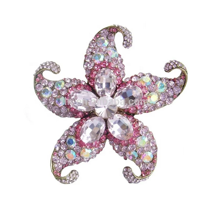 

2021 Gift Zinc Alloy Gold-tone Pink Full Rhinestone Crystal Sea Creature Starfish Enamel Brooch Pin For Dress