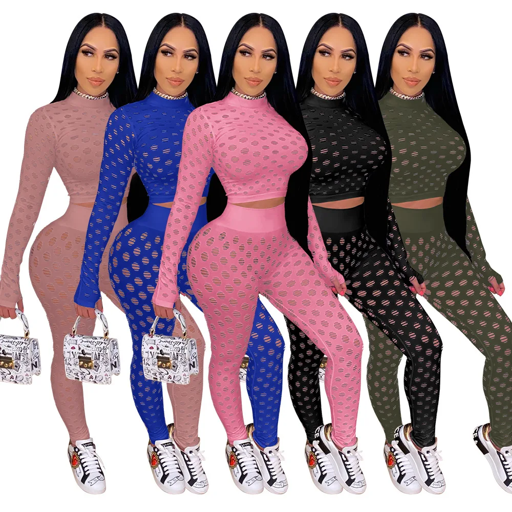 

New trendy women's two piece long sleeve hollow out hole crop top high waist pants army green outfits sets, As picture