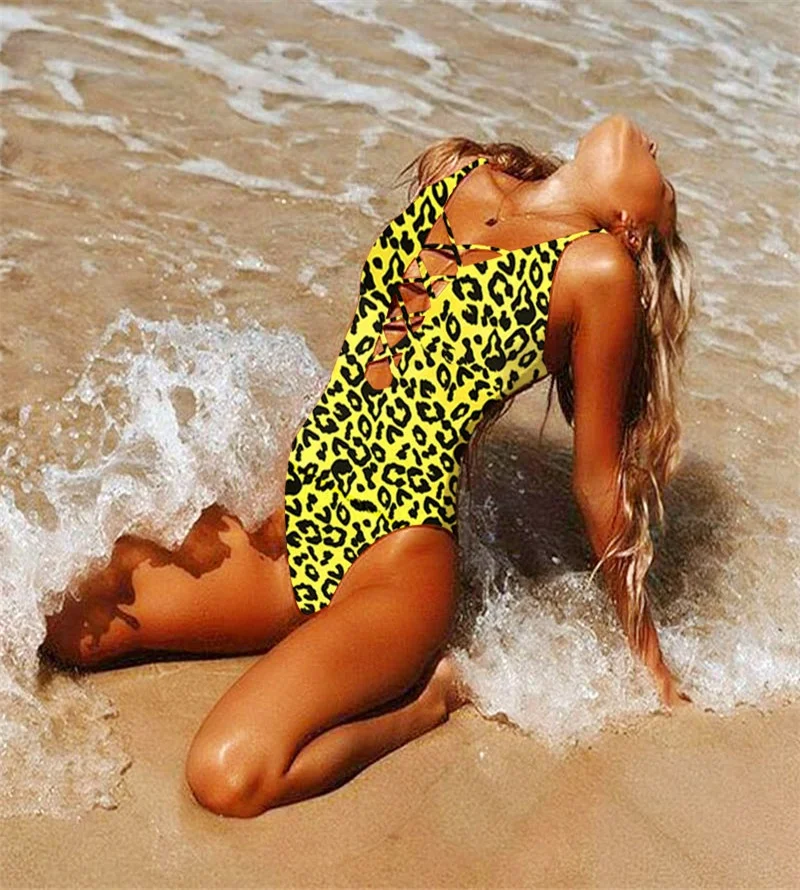 

one piece swimsuit leopard print swimwear bandage backless Bodysuit