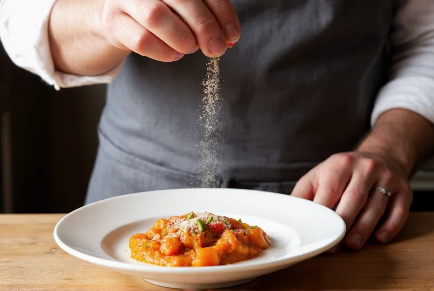 Chef seasoning light-colored sauce with white pepper to maintain visual appeal