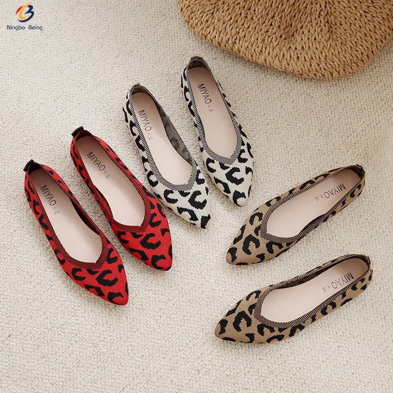 

The newest style leopard printing fly knit upper pointy toe women ballet shoes flat shoes for ladies