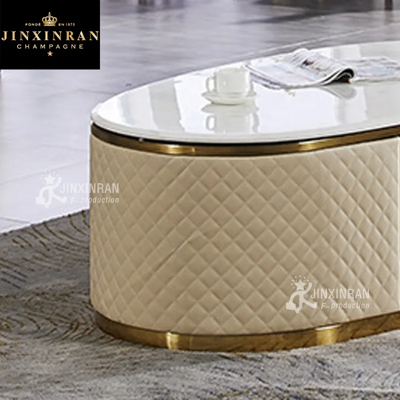 living room furniture stainless steel frame marble top beige centre table luxury modern white leather cover oval coffee table