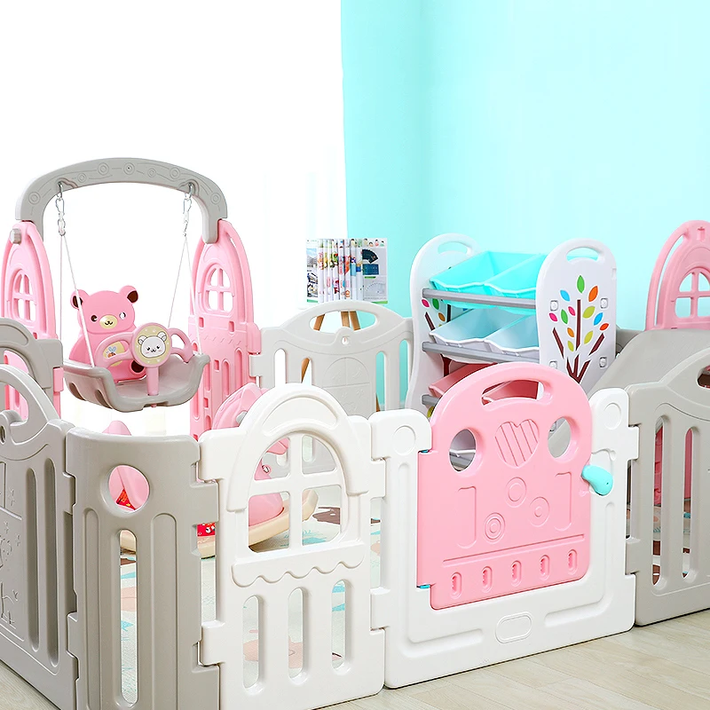 
Custom plastic kid fence play gard indoor safety baby playpen with slide and swing set 