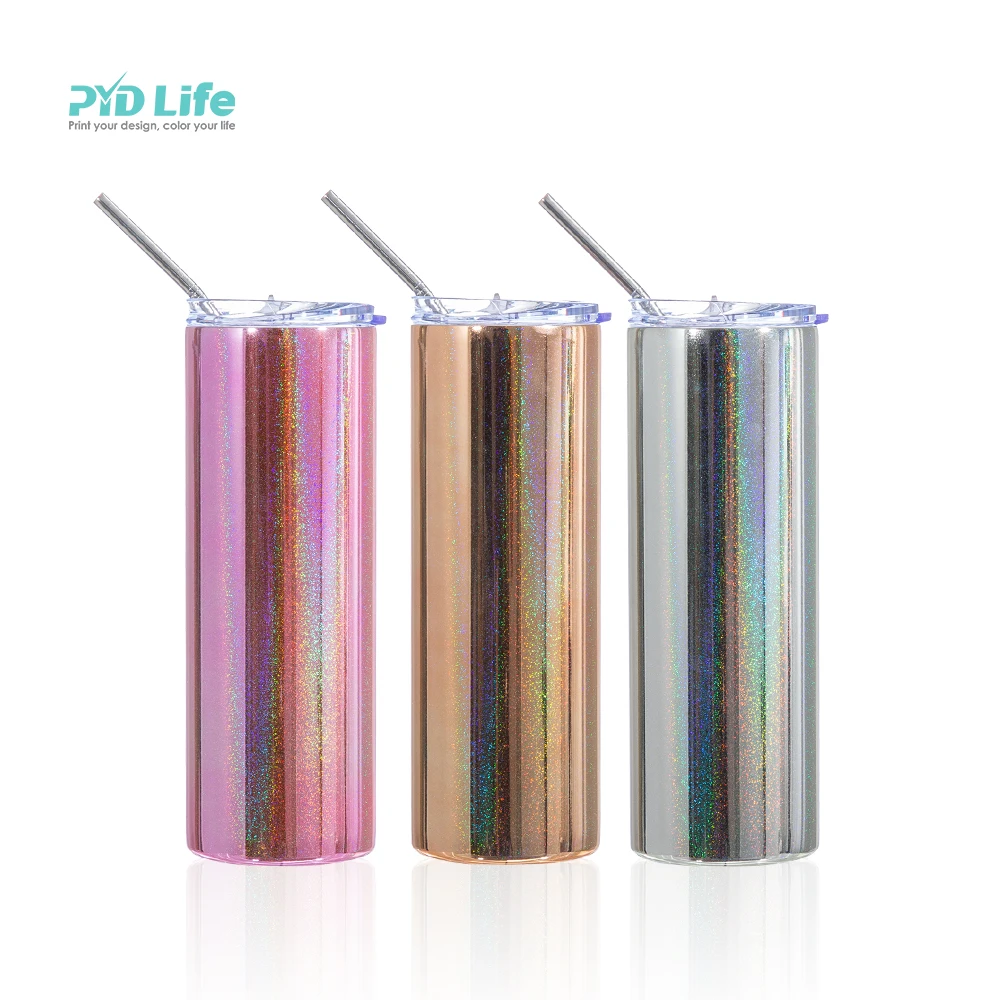 

PYD Life Newest High Quality Sublimation 20oz 600ml SS Metallic Glitter Plated Straight Skinny Tumbler with Metal Straw and Lid, Gold,silver,pink