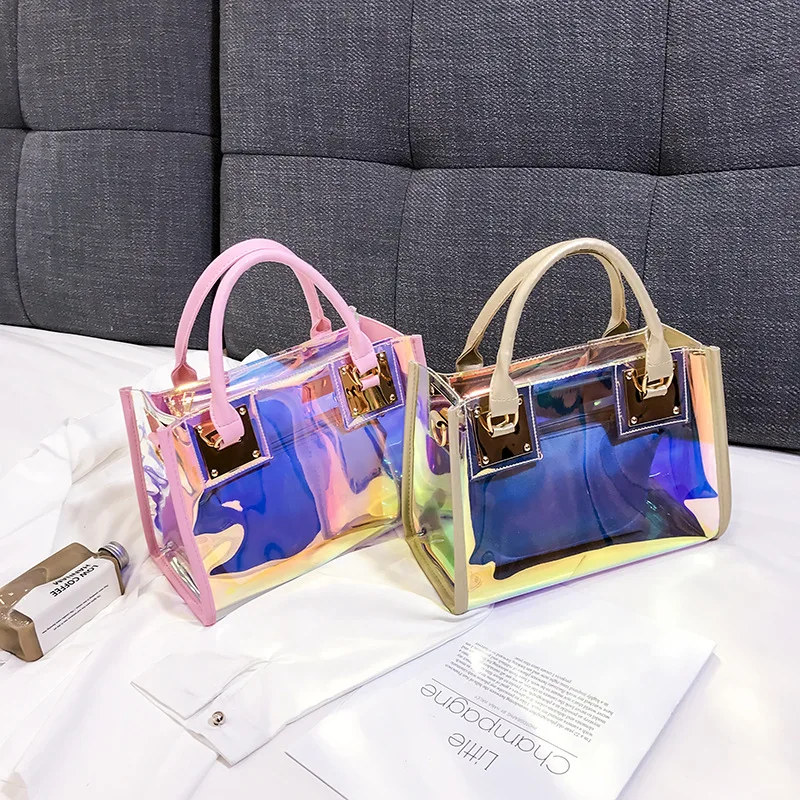 

2021 New Style Large Capacity Cosmetic Jelly Bag Women Tote Bag For Fashion Laser mini Handbag Set 2 pcs