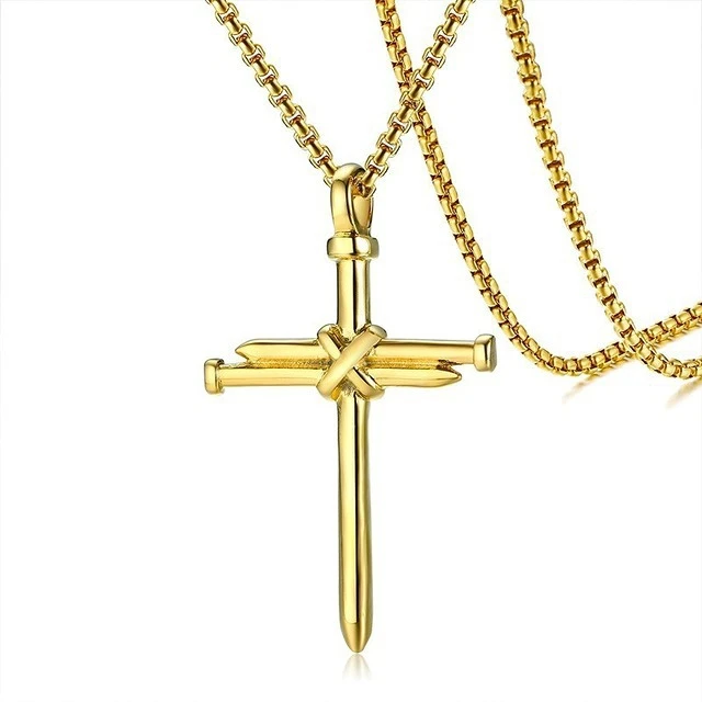 

High Polish Gold Cross Nail Necklace Stainless Steel Cross Pendant Titanium Men's Cross Necklace, Picture