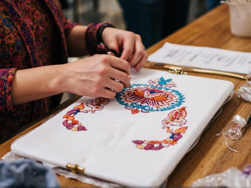 Artisan creating embroidery with traditional techniques at craft fair booth