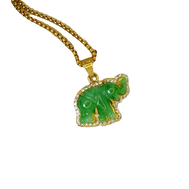 

Hip hop jewelry 18k gold plated stainless steel elephant jade necklace