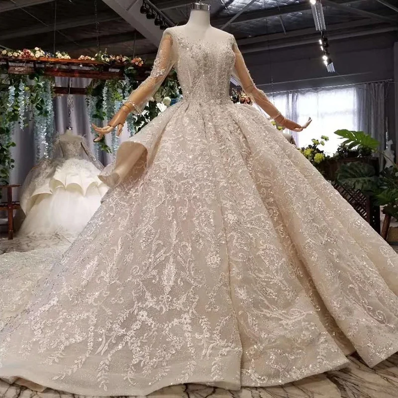 Jancember AHTL497 2020 Gorgeous Beaded Long Sleeve Lace Applique Ball Gown Wedding Dresses Bridal Gown