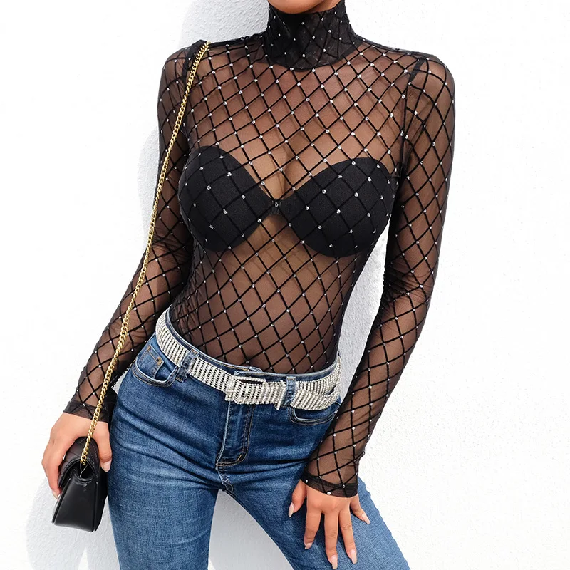 

Free Shipping Black Sheer Long Sleeve Mesh Turtleneck Mesh Women Sexy Lingerie Bodysuit, Multi color optional