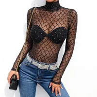 

Free Shipping Black Sheer Long Sleeve Mesh Turtleneck Mesh Women Sexy Lingerie Bodysuit