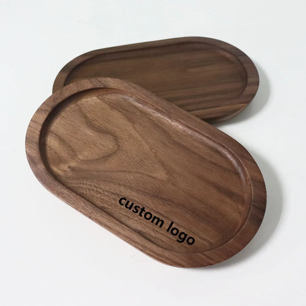 

Eco Friendly Black Walnut Wood Coffee Serving Trays Custom Logo Oval Wooden Serving Tray Plate Dish