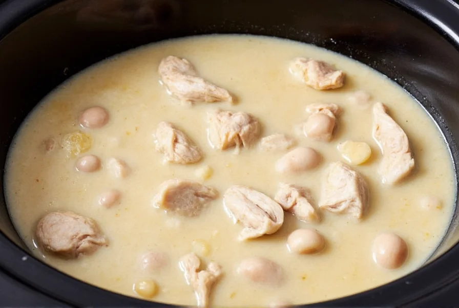Slow cooker filled with creamy white chicken chili showing tender chicken pieces and white beans in a light broth