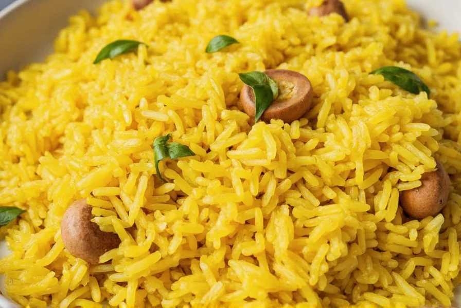 Golden turmeric rice served in a traditional ceramic bowl with fresh cilantro garnish