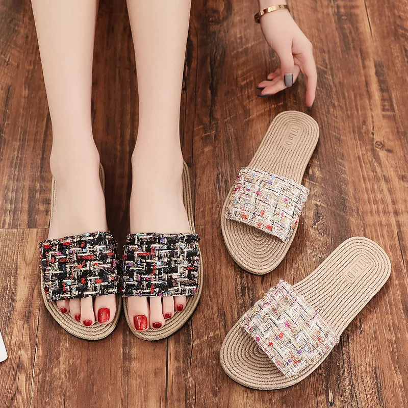 

Dropshipping Retro Ladies Summer Slippers Solid Color Round Head Open Toe One Cloud Outdoor Beach Women Flat Slippers