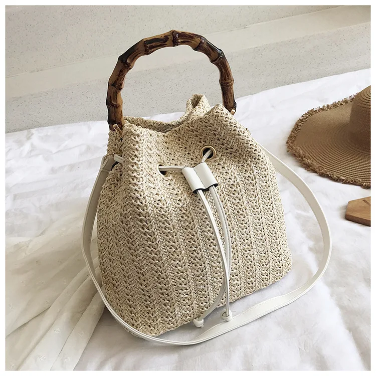 

2021 summer new design sling bag handbag braid weave bag strap fashion korean plain colour bucket bag, White