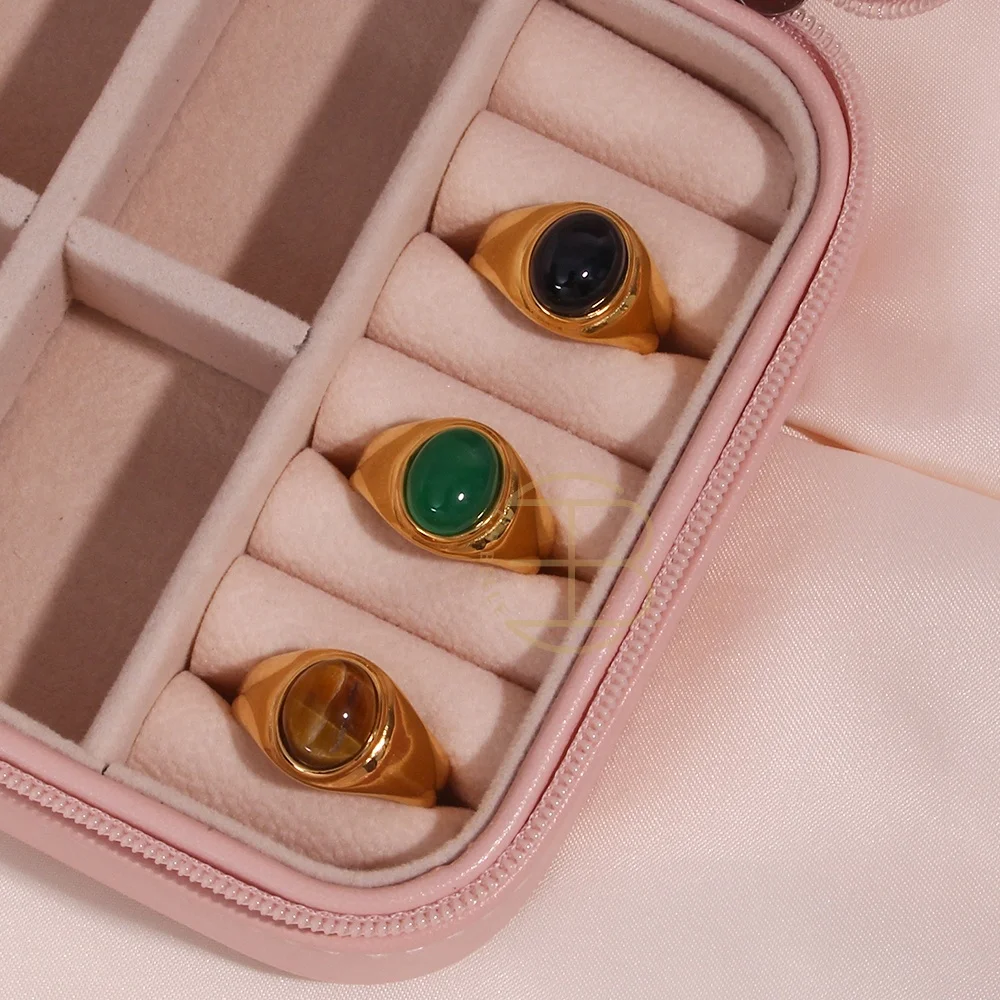 

Vintage Black Brown Emarald Gemstone Ring in Titanium 18K Gold Plated Stainless Steel Opal Rings for Women Jewelry, Black, green, brown