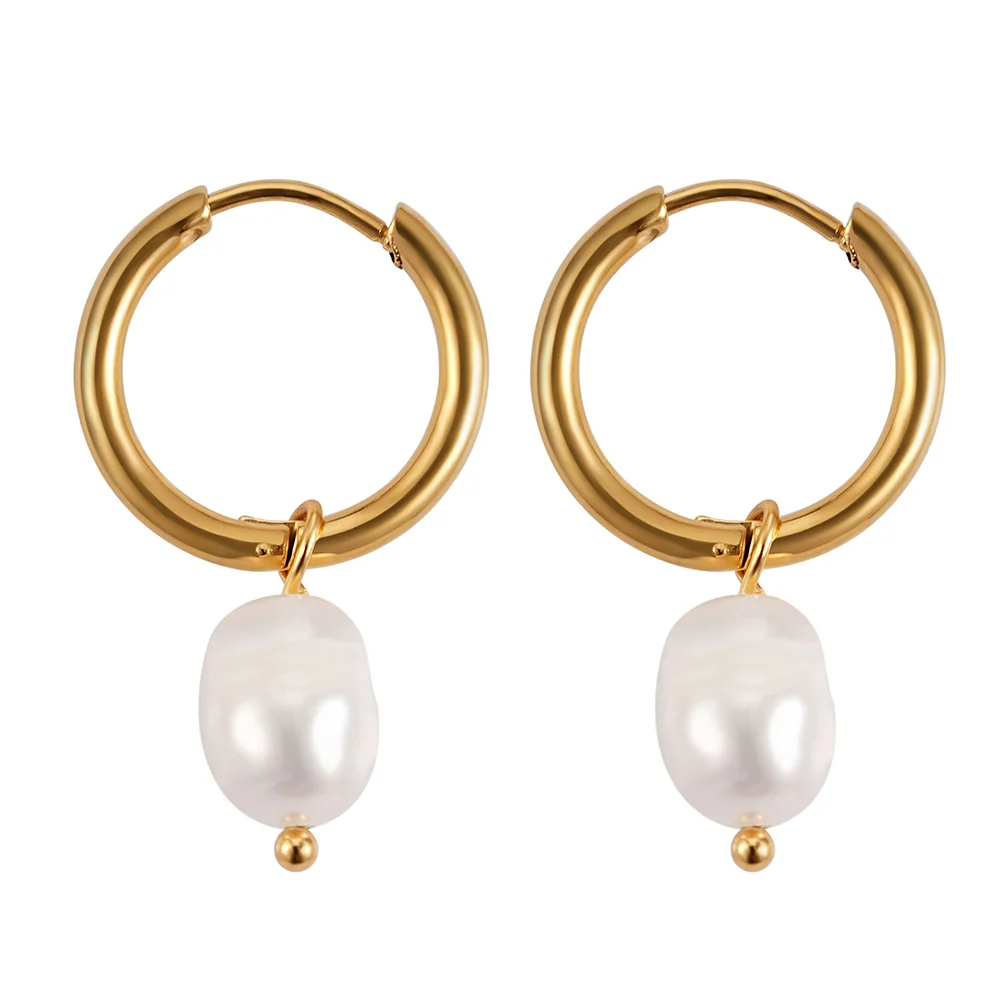 

Metal circle ear buckle freshwater pearl pendant earrings luxury French stainless steel 18K gold plated earrings