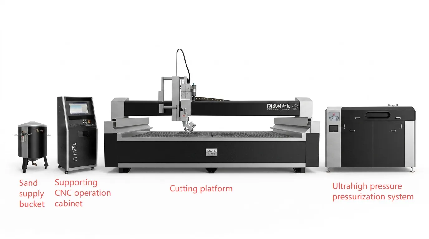 Etiketli AC 5 eksenli su jeti makinesi: kum besleme kovası, CNC kumanda kabini, kesim platformu ve ultra y&uuml;ksek basın&ccedil; sistemleri