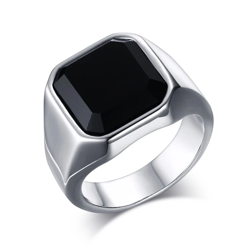 

2021 new trendy high quality square shape silver gold color stainless steel black agate stone finger rings for men, Silver,gold,black