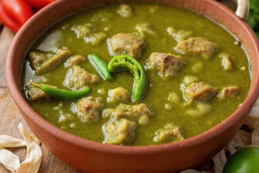 Close-up of green chili verde sauce with tender pork pieces, tomatillos, and green chilies in a traditional Mexican clay dish