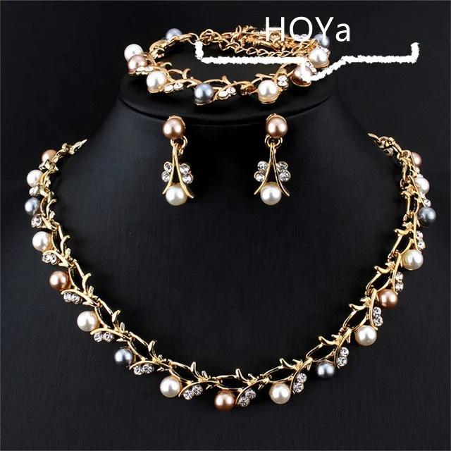 

hot sale Colorful pearl rhinestone Jewelry Sets Bridal Gold Plated Jewelry for woman, 6 colors