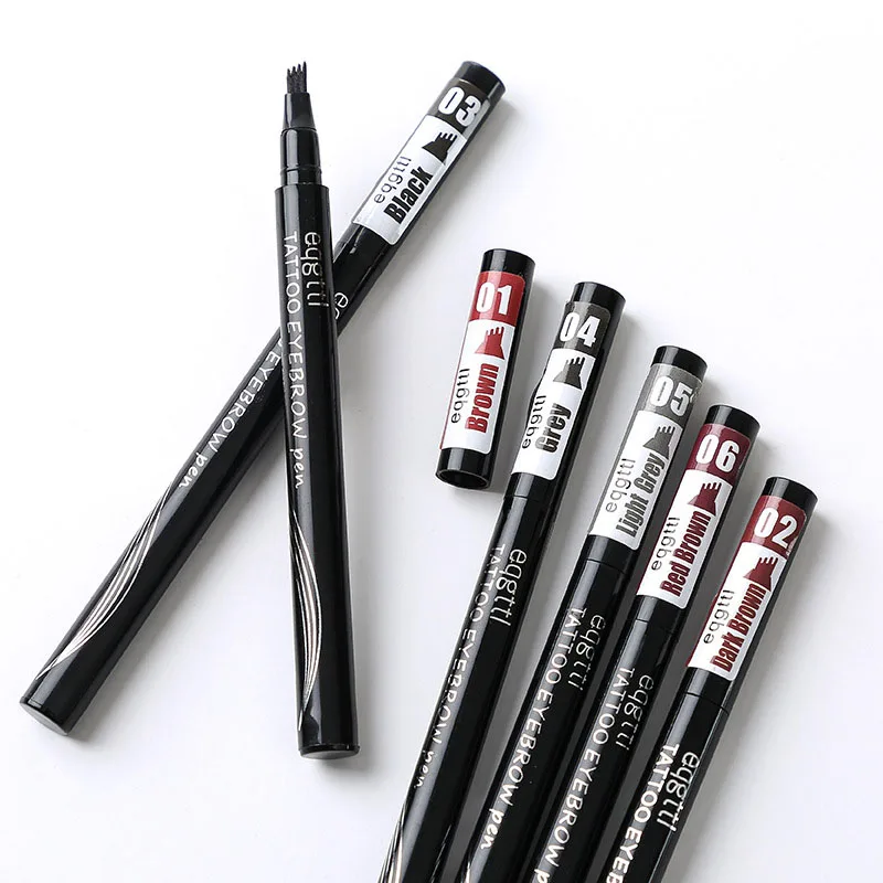 

wholesale in stock Waterproof Eyebrow Pen 4 Fork Tip Eyebrow Tint 6Color Long Lasting Natural Brown Black Grey Eyebrow Pencil