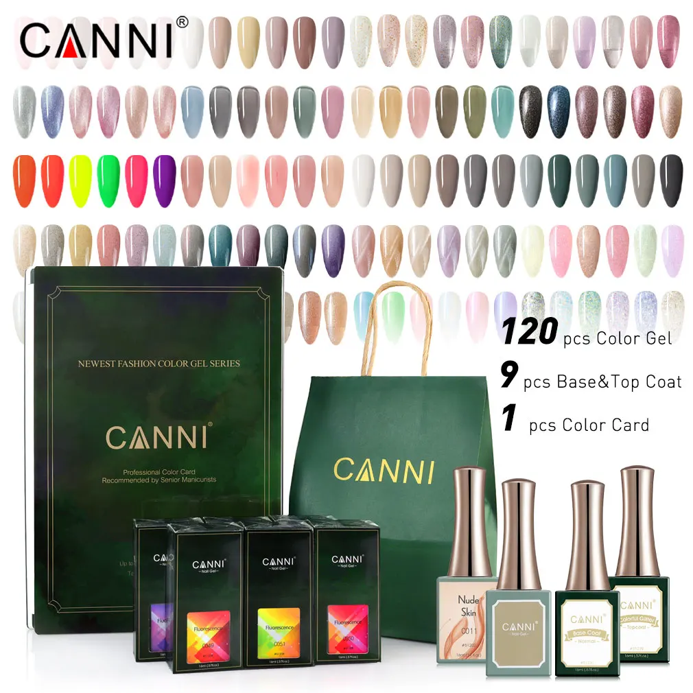 

130pcs set CANNI 16ML High quality soak off gel polish kit Magnetic Nail Polish Cat Eye Nails Color Gel Holograph Glitter gel, 120 colors+9pcs base topcoat+1 color book