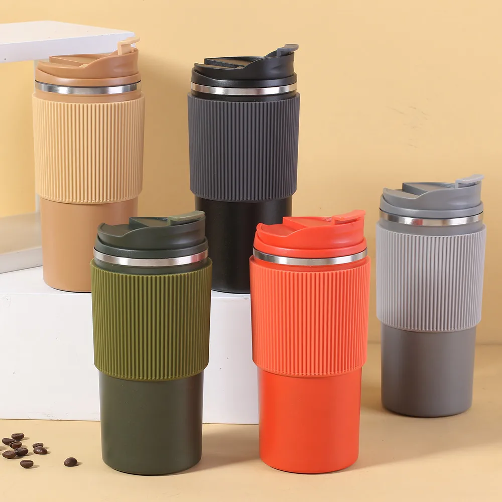 Custom Logo 450ml Leakproof Double Wall 18/8 Stainless Steel Coffee Mug Car Travel Insulated Drinking Mugs With Silicon  Sleeve