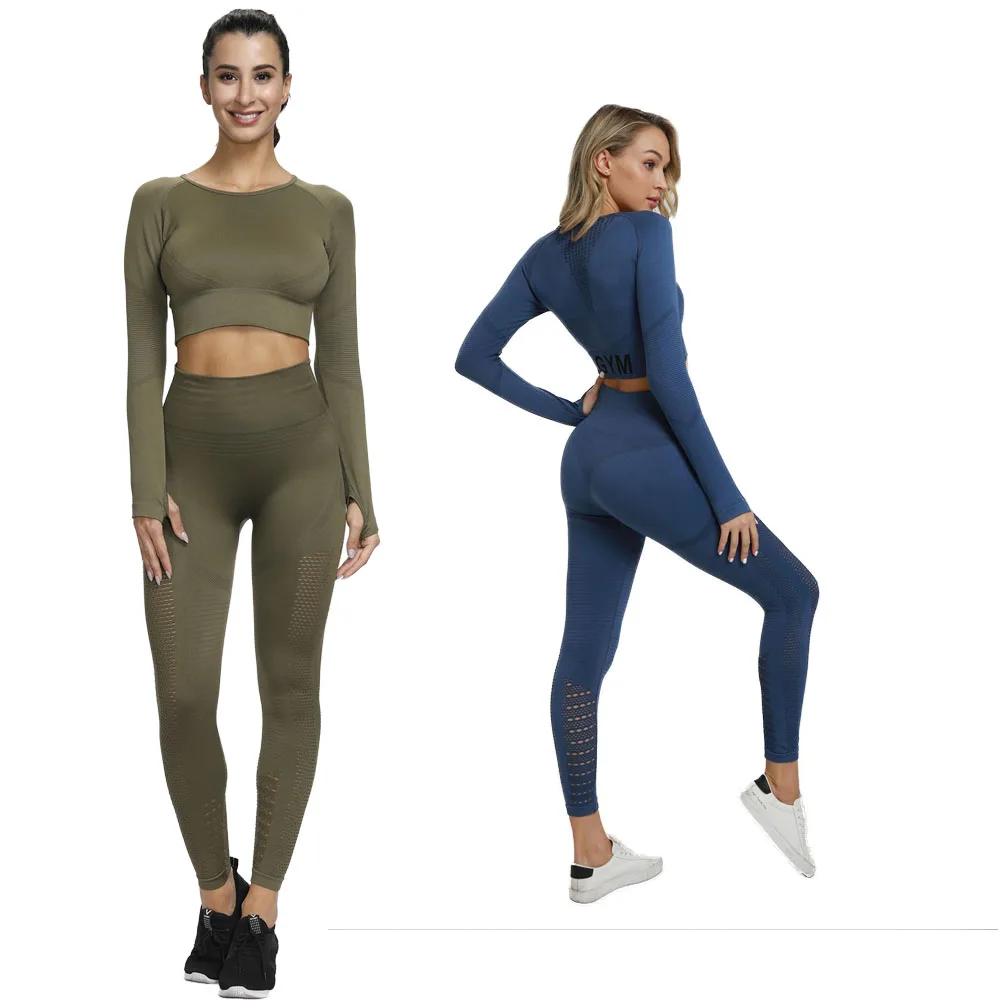 

Hollow out Jacquard seamless pants and tops workout suit fitness yoga wear set, Available