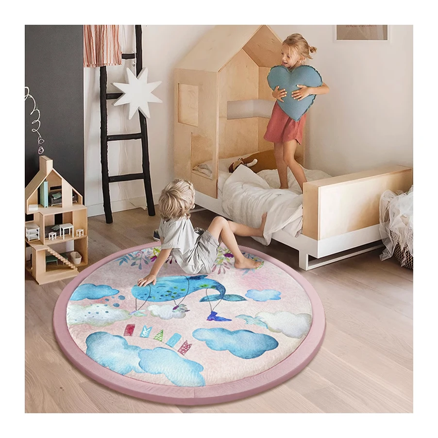 Round Memory Foam Area Rugs Double Side Marine Animal Printed Circular Carpet for Nursery Playroom